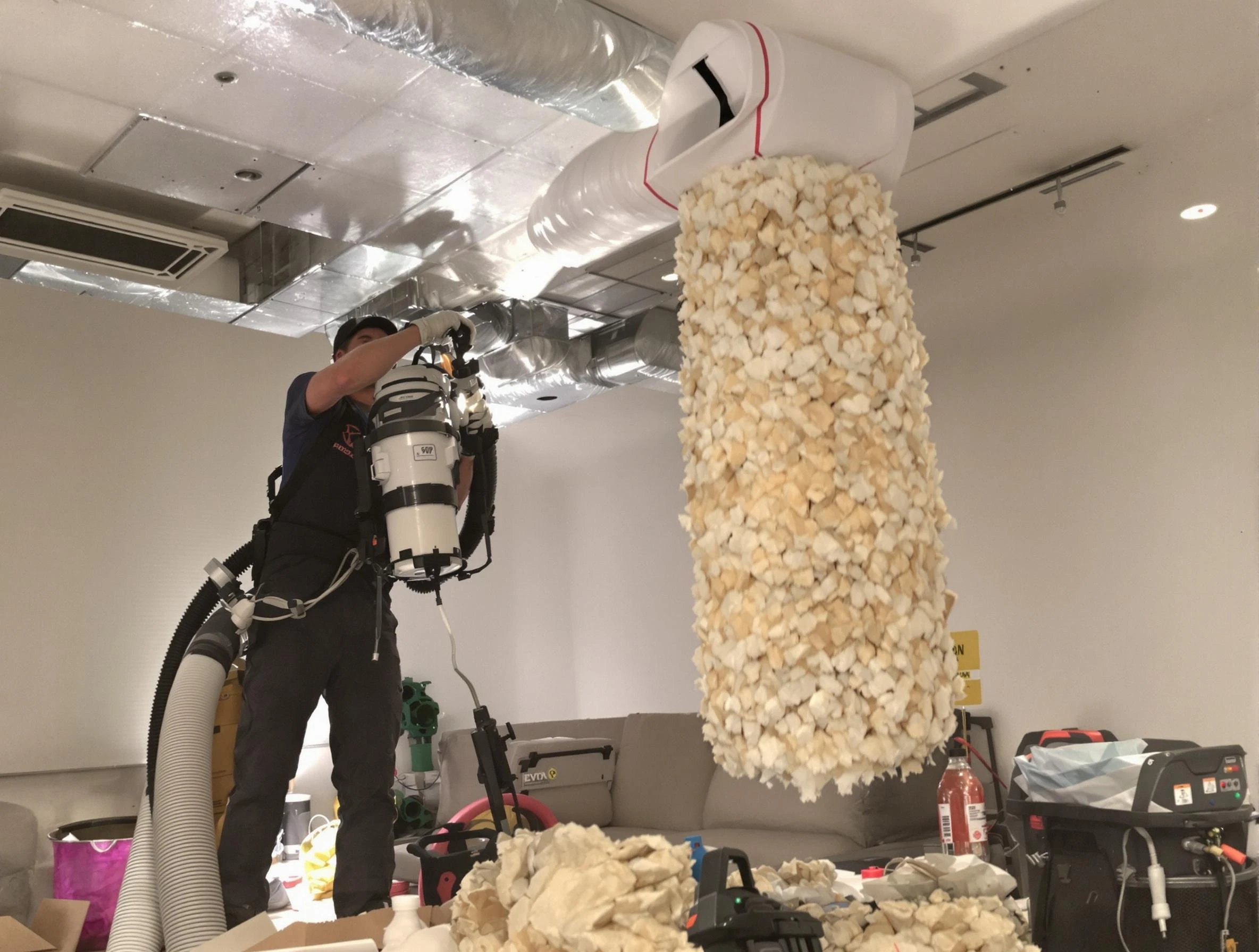 West Point Air Duct Cleaning technician performing precision vacuum insulation removal in a residential property in West Point